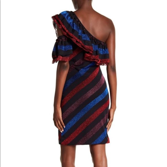 Diesel women's S small one shoulder striped sparkle shimmer ruffle party dress - Picture 2 of 4